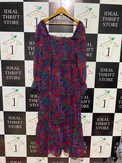 SOMPLY BE |L| BUST 20| A18| WOMEN’S FLORAL PRINT LONG-SLEEVE MIDI DRESS WITH RUFFLE DETAIL