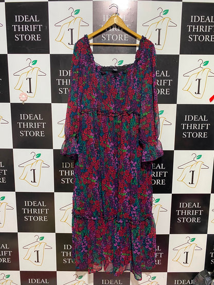 SOMPLY BE |L| BUST 20| A18| WOMEN’S FLORAL PRINT LONG-SLEEVE MIDI DRESS WITH RUFFLE DETAIL