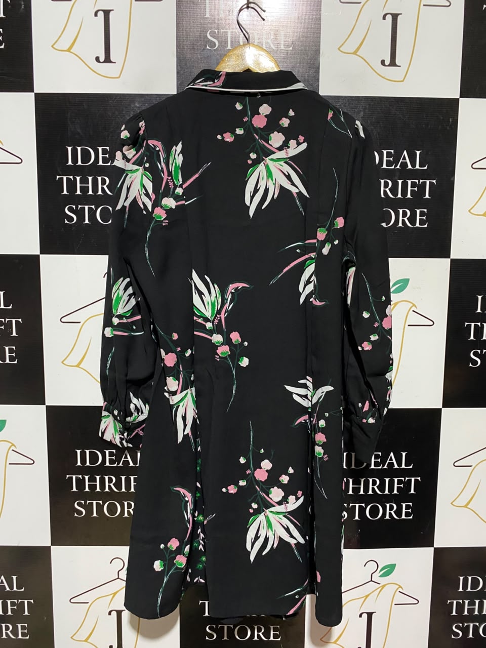 M&S |L| BUST 21| A18| WOMEN’S BLACK FLORAL PRINT SHIRT DRESS WITH CONTRAST COLLAR