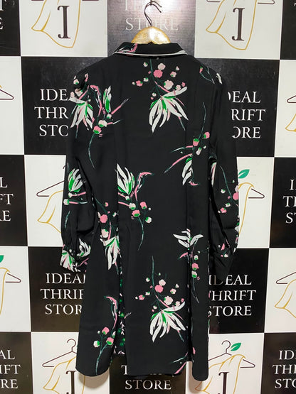M&S |L| BUST 21| A18| WOMEN’S BLACK FLORAL PRINT SHIRT DRESS WITH CONTRAST COLLAR