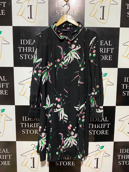 M&S |L| BUST 21| A18| WOMEN’S BLACK FLORAL PRINT SHIRT DRESS WITH CONTRAST COLLAR