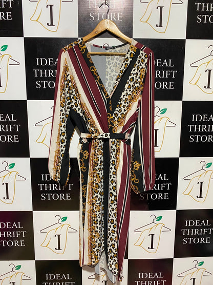 BOOHOO |L| BUST 21| A18| MIXED PRINT LONG-SLEEVE WRAP DRESS