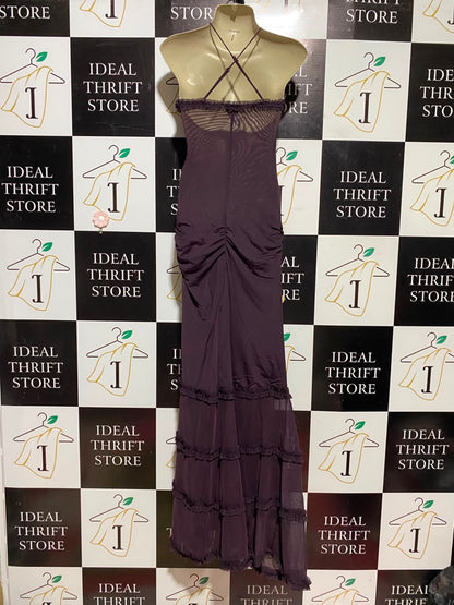 |XS| BUST 12| A18| DEEP PLUM HALTER-NECK CUT-OUT MAXI DRESS WITH RUFFLED DETAIL