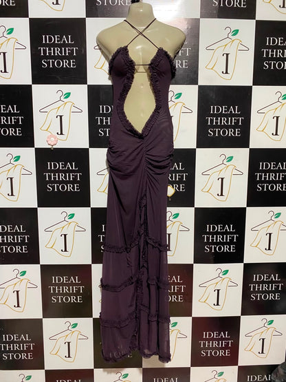 |XS| BUST 12| A18| DEEP PLUM HALTER-NECK CUT-OUT MAXI DRESS WITH RUFFLED DETAIL