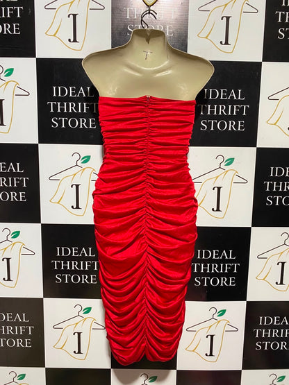 TRARILLA |L| BUST 15| A18| VIBRANT RED RUCHED STRAPLESS BODYCON DRESS