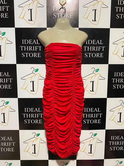 TRARILLA |L| BUST 15| A18| VIBRANT RED RUCHED STRAPLESS BODYCON DRESS