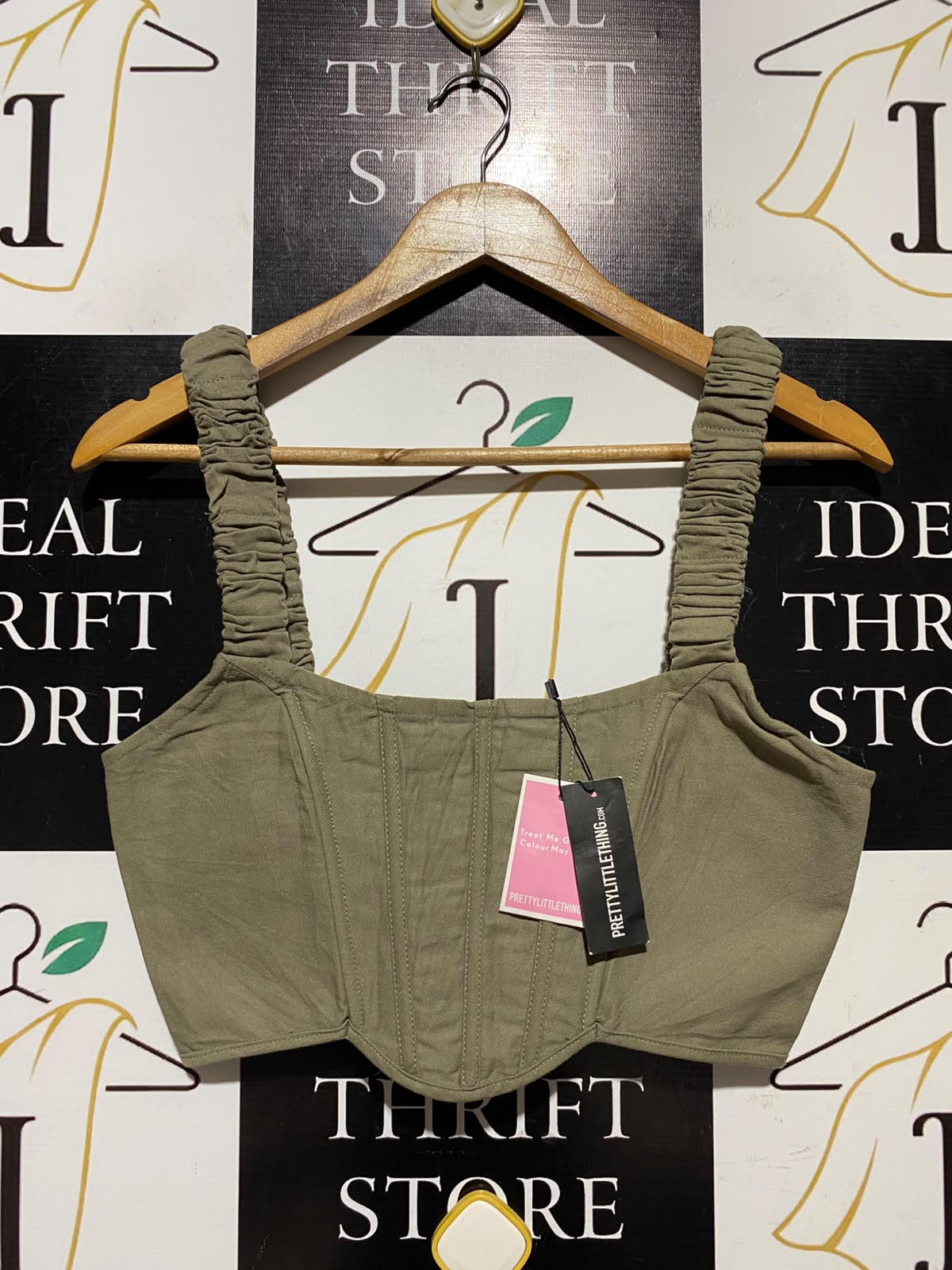 PRETTYLITTLE THING |S| BUST 16| A17| OLIVE GREEN CORSET CROP TOP