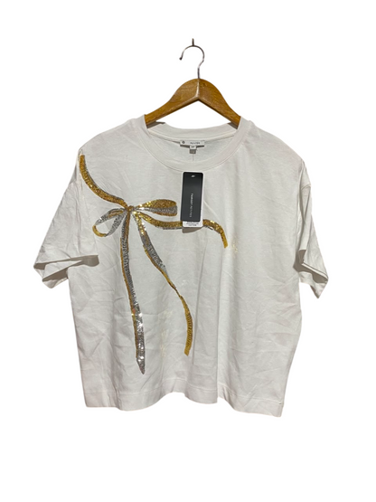 PETITES |XL| BUST 23| A18| WHITE SEQUIN BOW GRAPHIC COTTON T-SHIRT