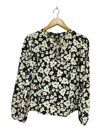 PEACOCKS |S| BUST 18| A18| BLACK AND OFF-WHITE FLORAL TIE-NECK LONG-SLEEVE BLOUSE
