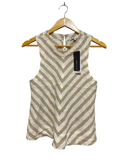 PETITES |M| BUST 18| A18| BEIGE AND WHITE STRIPED CHEVRON SLEEVELESS LINEN TOP