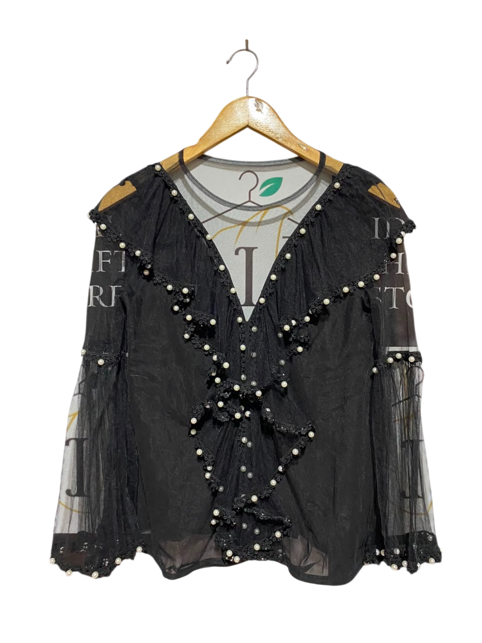 FOREVER UNIQUE |M| BUST 17| A18| BLACK SHEER PEARL-EMBELLISHED RUFFLE LONG-SLEEVE TOP