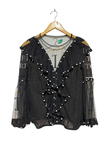 FOREVER UNIQUE |M| BUST 17| A18| BLACK SHEER PEARL-EMBELLISHED RUFFLE LONG-SLEEVE TOP