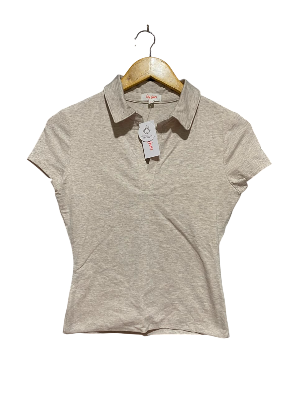 LILY LOVES |XS| BUST 15| A18| OATMEAL MARLED COTTON COLLARED V-NECK TOP