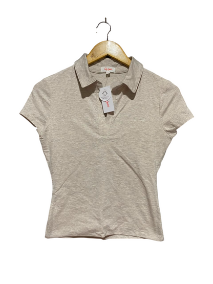 LILY LOVES |XS| BUST 15| A18| OATMEAL MARLED COTTON COLLARED V-NECK TOP