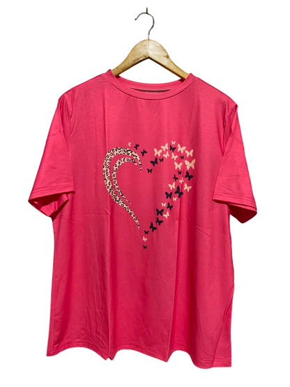 |XL| BUST 23| A18| HOT PINK LEOPARD AND BUTTERFLY HEART GRAPHIC T-SHIRT
