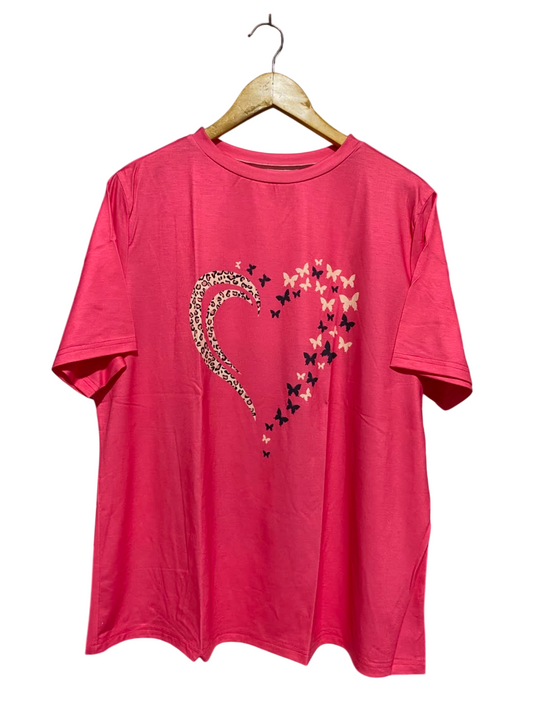 |XL| BUST 23| A18| HOT PINK LEOPARD AND BUTTERFLY HEART GRAPHIC T-SHIRT
