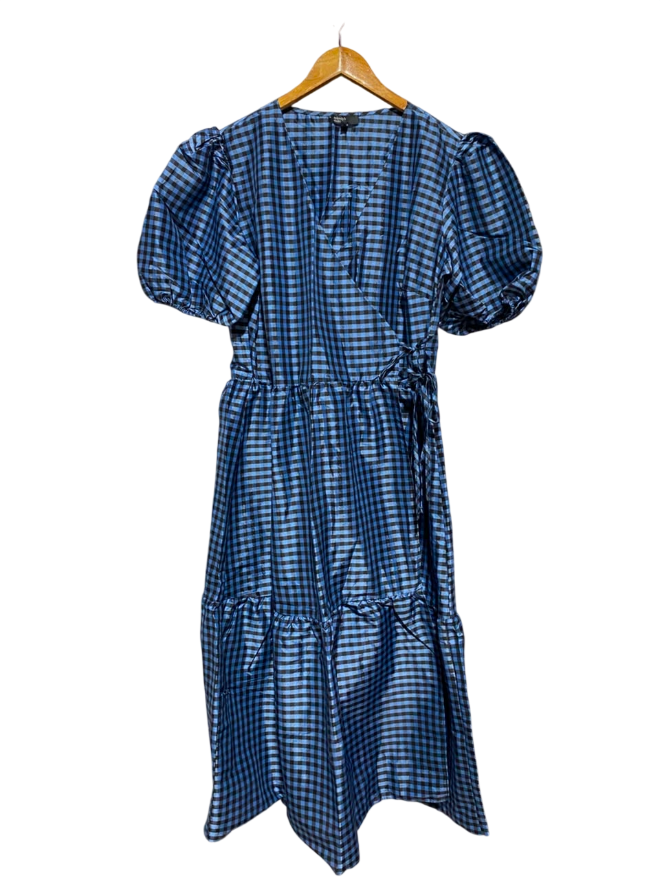 NOBODYS CHILD |L| BUST 20| A19| BLUE AND BLACK GINGHAM CHECK V-NECK PUFF-SLEEVE MIDI DRESS