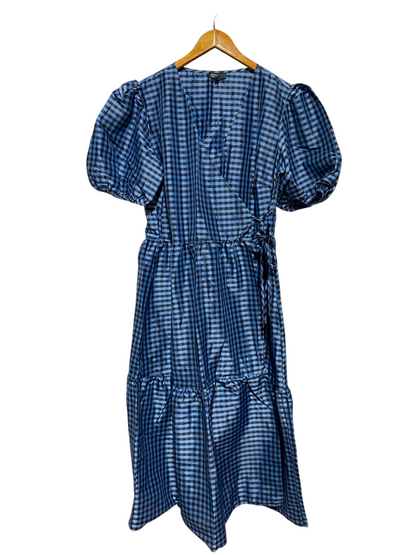 NOBODYS CHILD |L| BUST 20| A19| BLUE AND BLACK GINGHAM CHECK V-NECK PUFF-SLEEVE MIDI DRESS