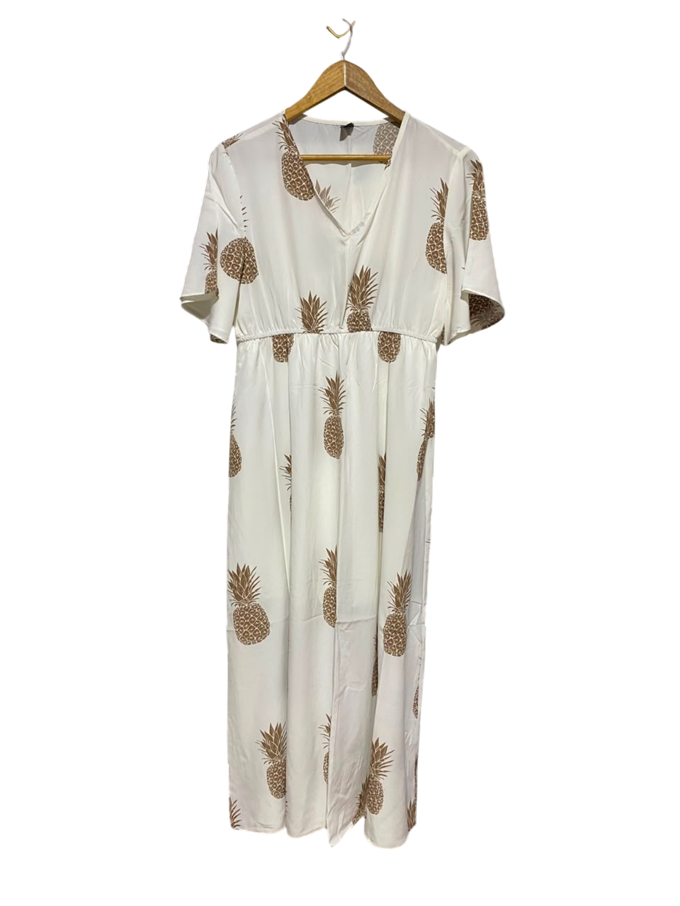 SHEIN |XL| BUST 19| A19| WHITE AND BROWN PINEAPPLE PRINT V-NECK SHORT-SLEEVE MIDI DRESS