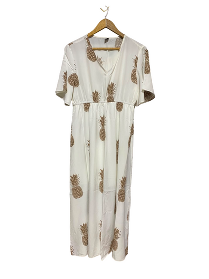 SHEIN |XL| BUST 19| A19| WHITE AND BROWN PINEAPPLE PRINT V-NECK SHORT-SLEEVE MIDI DRESS