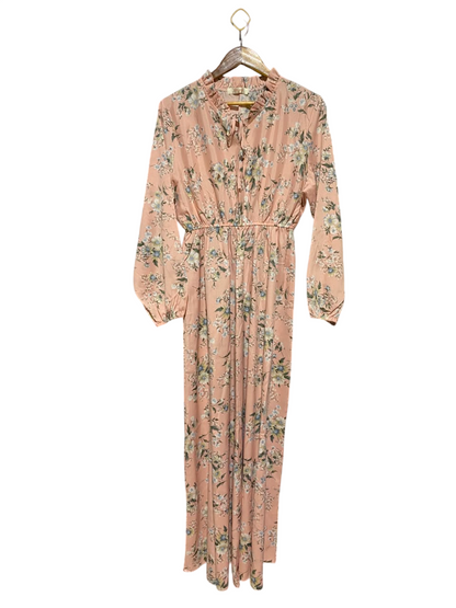 FENGJIN |XL| BUST 19| A19| BLUSH PINK FLORAL RUFFLE-NECK LONG-SLEEVE MIDI DRESS