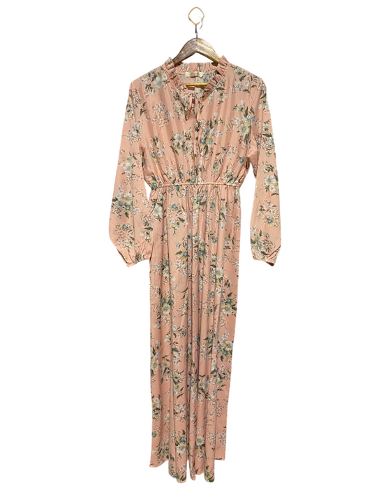 FENGJIN |XL| BUST 19| A19| BLUSH PINK FLORAL RUFFLE-NECK LONG-SLEEVE MIDI DRESS