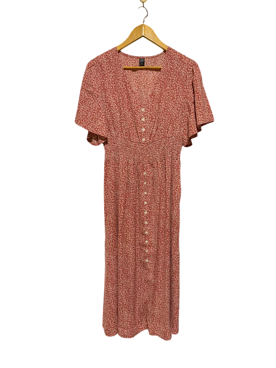 SHEIN CURVE |XL| BUST 18| A19| RUST RED DITSY FLORAL V-NECK BUTTON-FRONT MIDI DRESS