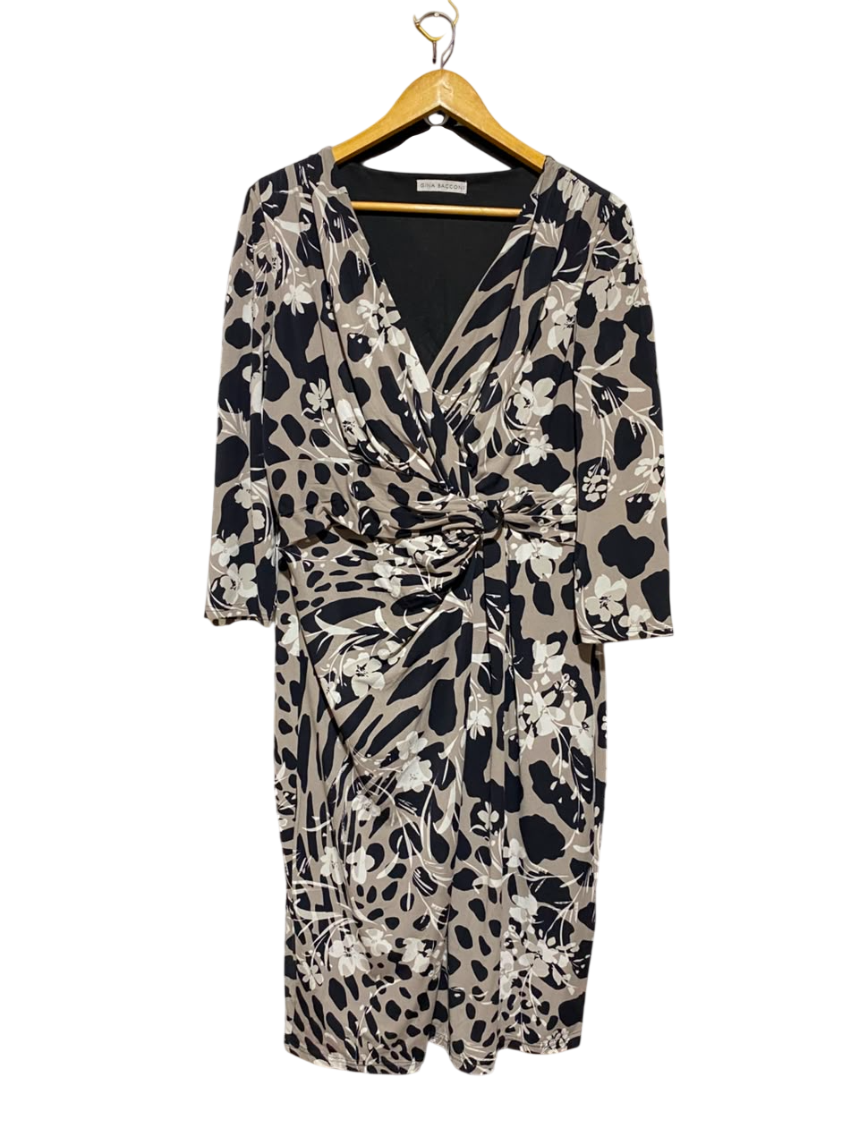 GINA BACCONI |L| BUST 20| A19| ANIMAL AND FLORAL PRINT KNOT-FRONT MIDI DRESS