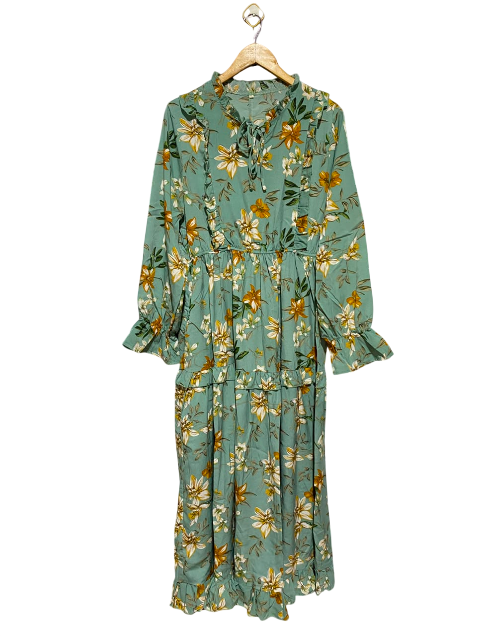 SHEIN |XXL| BUST 21| A19| SAGE GREEN FLORAL RUFFLE-TRIM LONG-SLEEVE MIDI DRESS