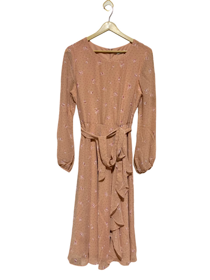 GINA BACCONI |M| BUST 18| A19| PEACH FLORAL DOT PRINT RUFFLE-TRIM LONG-SLEEVE MIDI DRESS