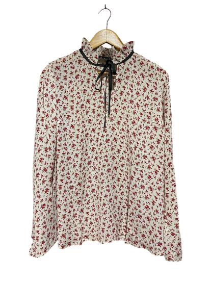 BECLOIMED VINTAGE |L| BUST 21| A19| CREAM AND RED DITSY FLORAL RUFFLE-NECK LONG-SLEEVE BLOUSE