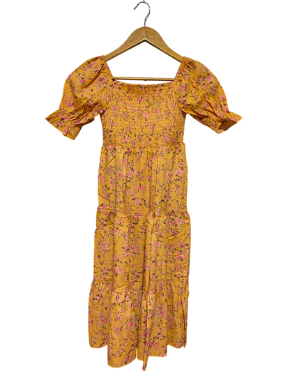 |L| BUST 22| A19| MUSTARD YELLOW DITSY FLORAL SMOCKED TIERED MIDI DRESS