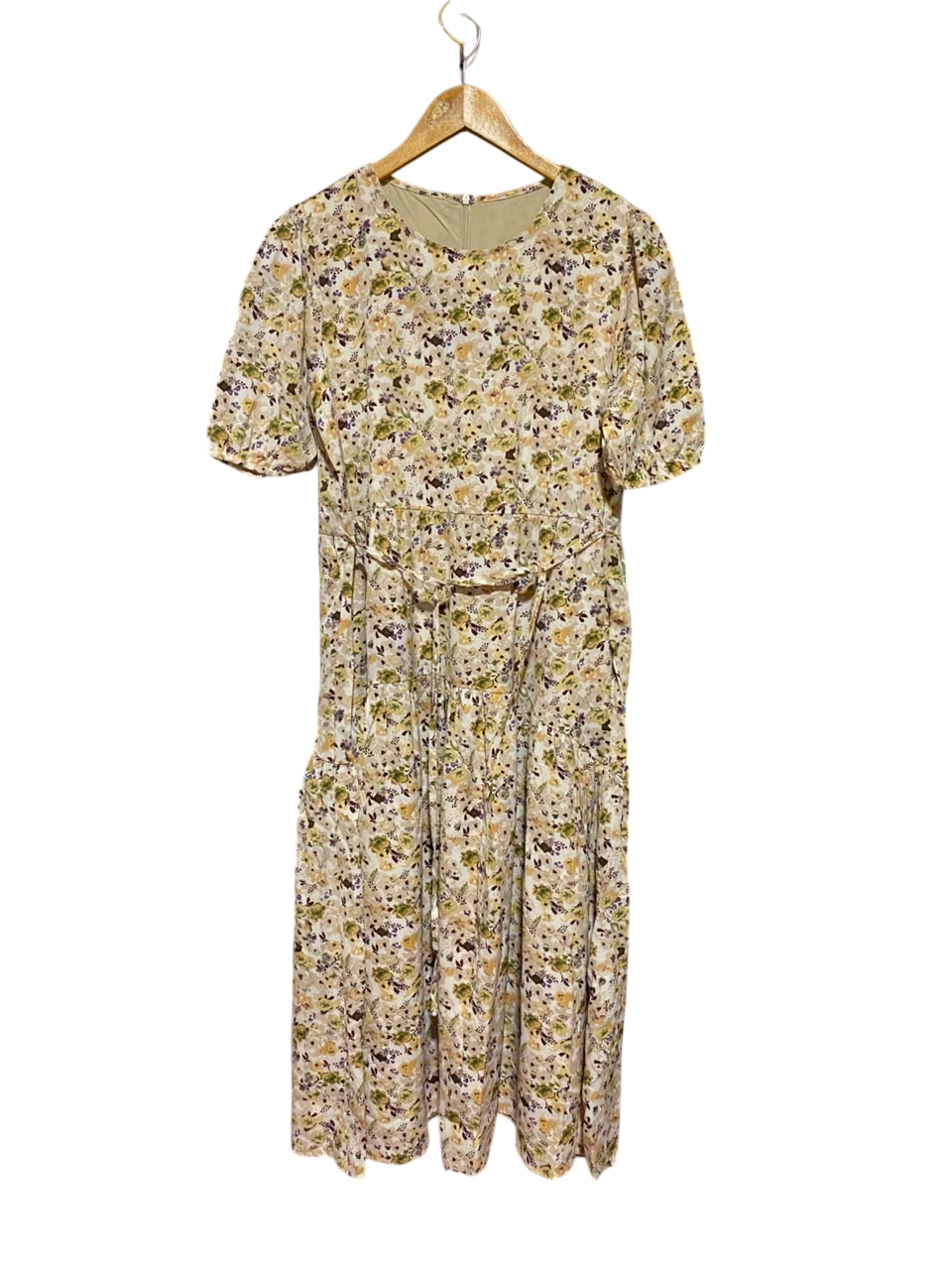 DAZY |L| BUST 19| A19| CREAM AND OLIVE MULTICOLOR DITSY FLORAL SHORT-SLEEVE MIDI DRESS
