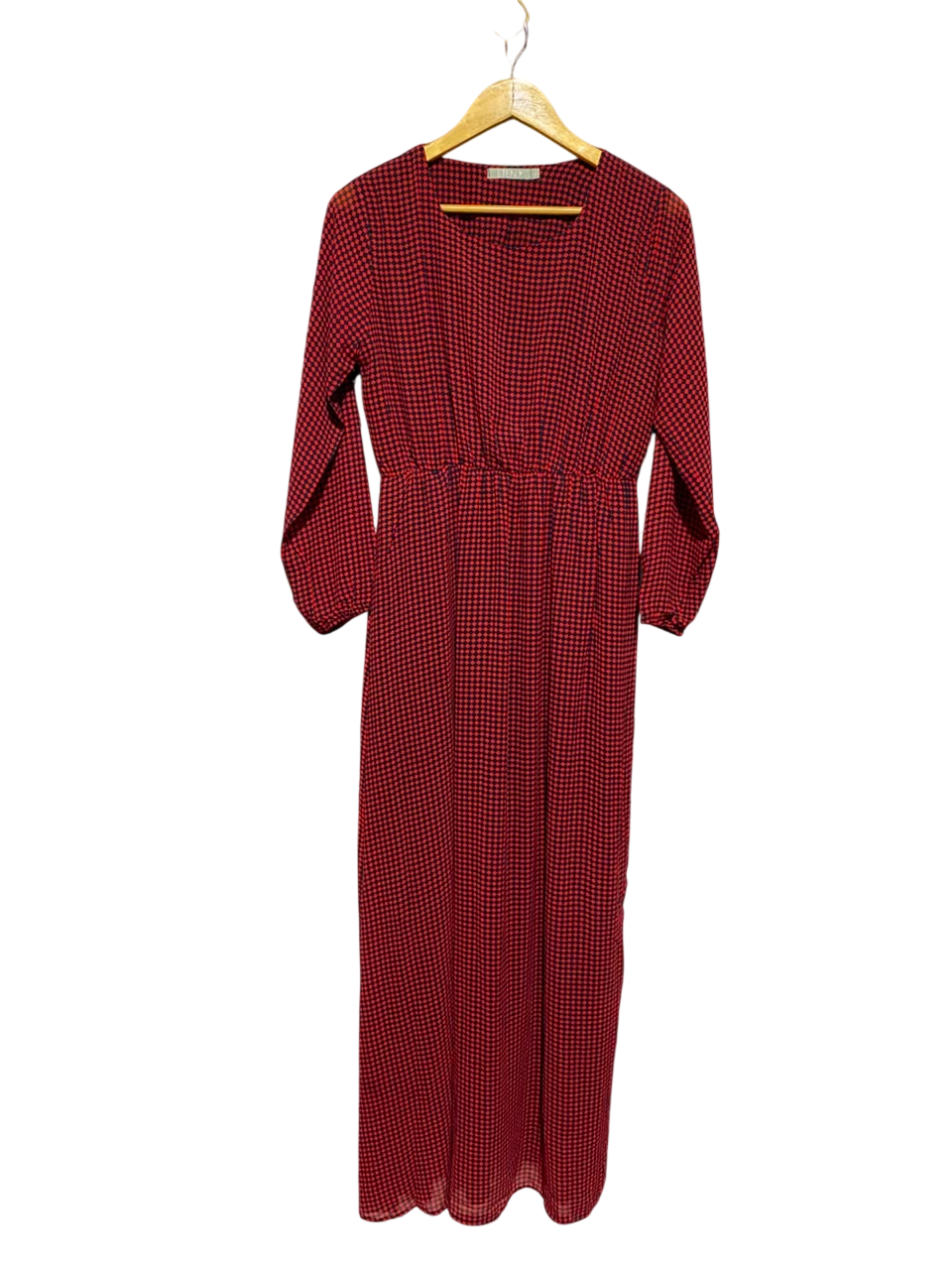 ETEN |L| BUST 18| A19| RED AND BLACK CHECKERED LONG-SLEEVE MIDI DRESS