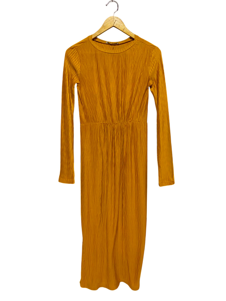 ZARA |S| BUST 15| A19| MUSTARD YELLOW TEXTURED LONG-SLEEVE MIDI DRESS