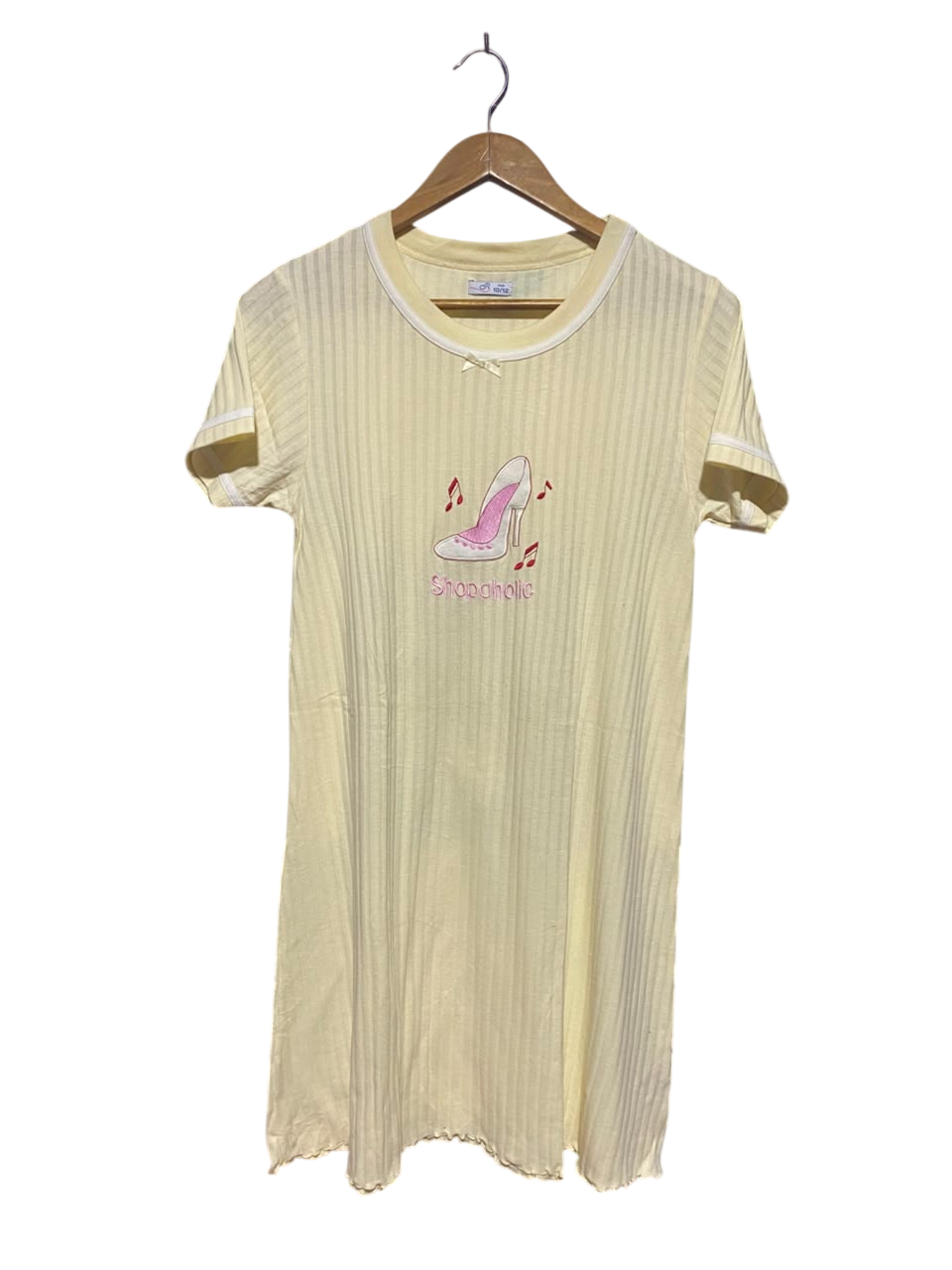 R |M| BUST 17| A19| PASTEL YELLOW RIBBED "SHOPAHOLIC" LOUNGE DRESS