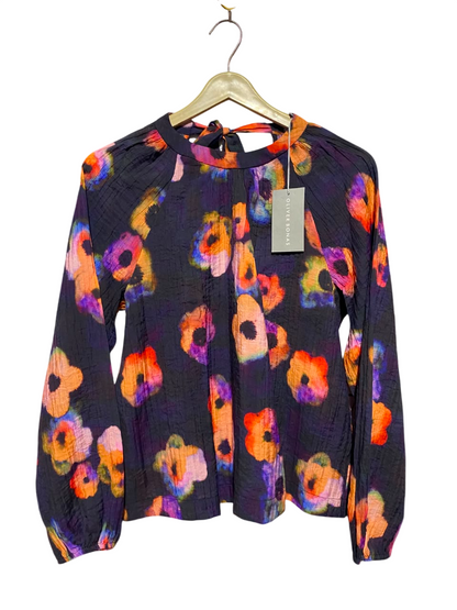OLIVER BONAS |M| BUST 19| A19| BLACK MULTICOLOR ABSTRACT FLORAL LONG-SLEEVE BLOUSE