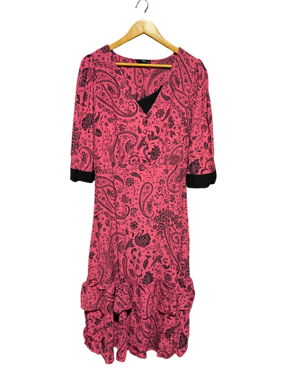 F&F |M| BUST 18| A19| PINK AND BLACK PAISLEY PRINT RUFFLE HEM MIDI DRESS