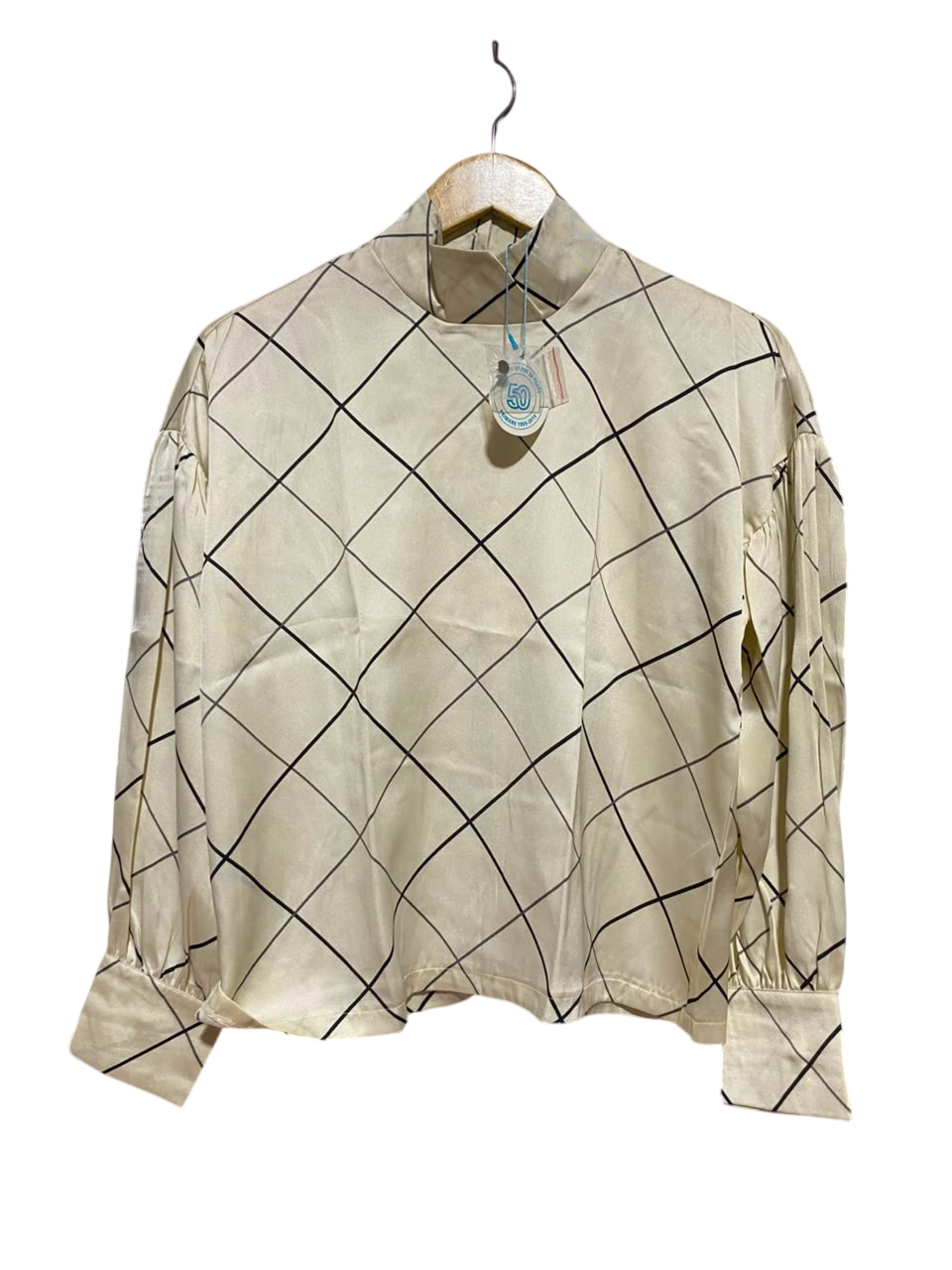 PRIMARK |S| BUST 19| A19| OFF-WHITE AND BLACK GRID CHECK MOCK NECK BLOUSE