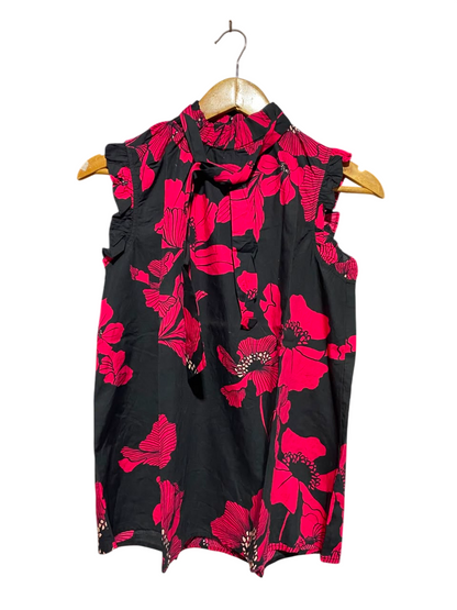 WHO WHAT WEAR |M| BUST 18| A19| BLACK AND HOT PINK FLORAL TIE-NECK RUFFLE SLEEVE BLOUSE