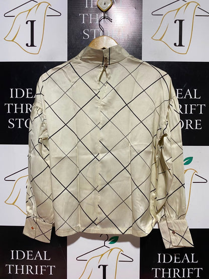 PRIMARK |S| BUST 19| A19| OFF-WHITE AND BLACK GRID CHECK MOCK NECK BLOUSE