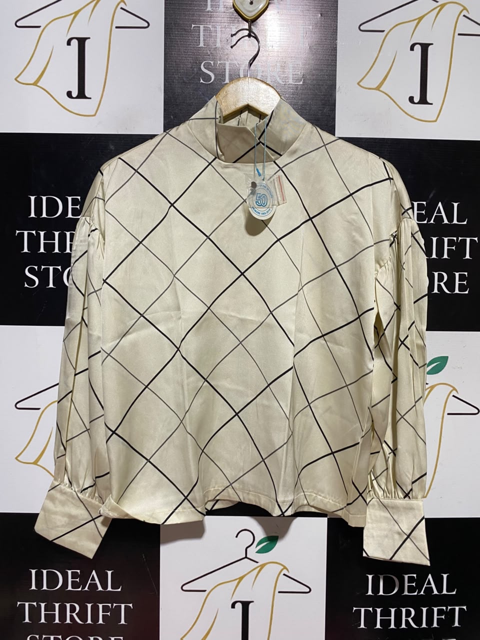 PRIMARK |S| BUST 19| A19| OFF-WHITE AND BLACK GRID CHECK MOCK NECK BLOUSE
