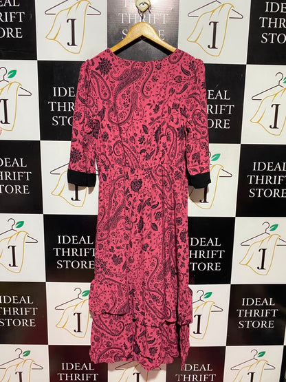 F&F |M| BUST 18| A19| PINK AND BLACK PAISLEY PRINT RUFFLE HEM MIDI DRESS