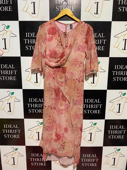 DAZY |M| BUST 16| A19| BLUSH PINK FLORAL CHIFFON WRAP MIDI DRESS