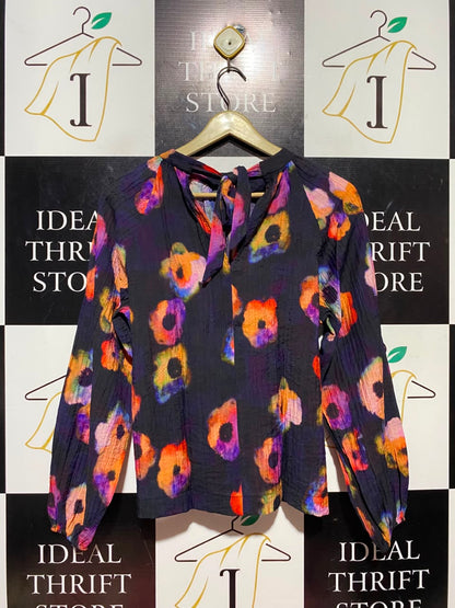 OLIVER BONAS |M| BUST 19| A19| BLACK MULTICOLOR ABSTRACT FLORAL LONG-SLEEVE BLOUSE