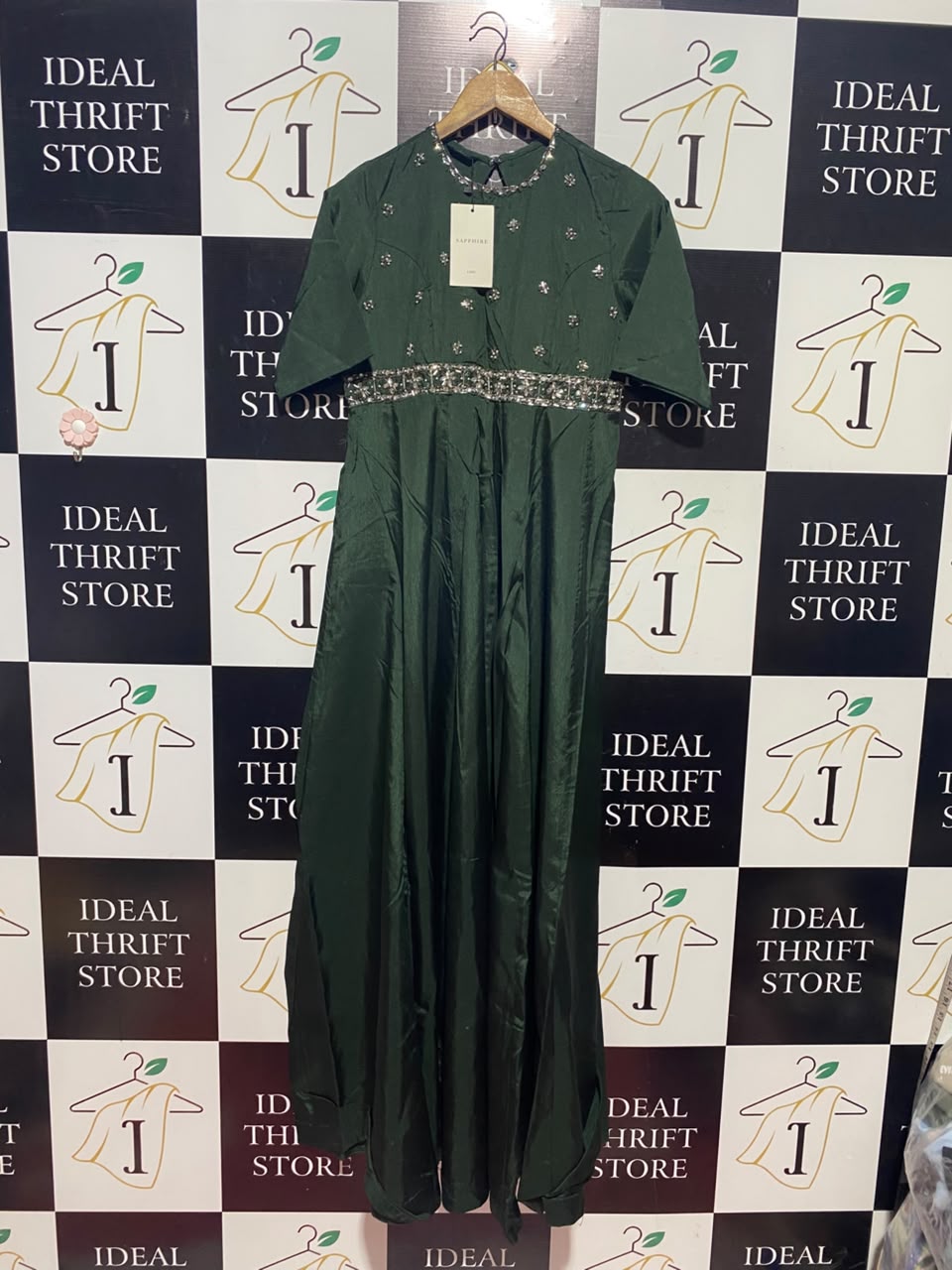 SAPPHIRE |S| BUST 17| A19| EMERALD GREEN EMBELLISHED MAXI DRESS