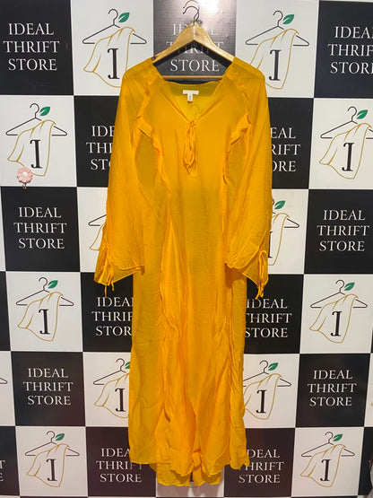 H&M |M| BUST 20| A19| BRIGHT YELLOW TIE-NECK RUFFLE ACCENT MIDI DRESS