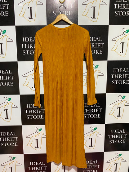 ZARA |S| BUST 15| A19| MUSTARD YELLOW TEXTURED LONG-SLEEVE MIDI DRESS