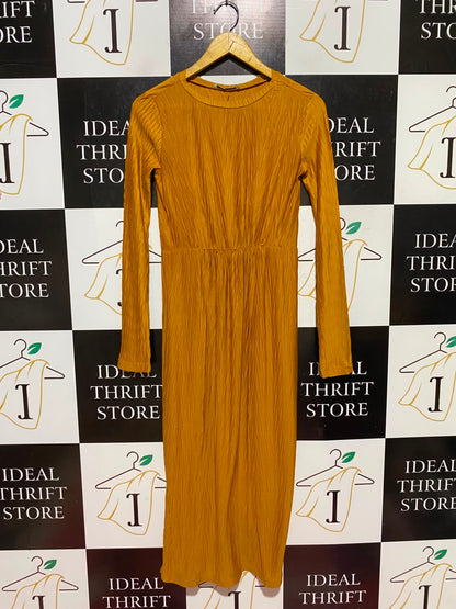ZARA |S| BUST 15| A19| MUSTARD YELLOW TEXTURED LONG-SLEEVE MIDI DRESS