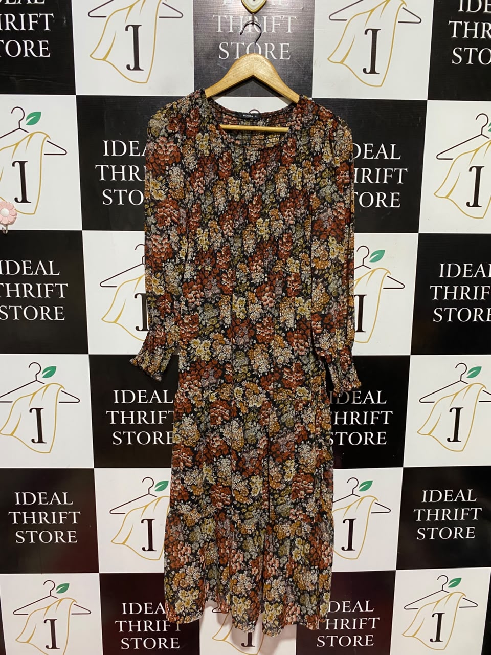 ROMAN |M| BUST 14| A19| AUTUMNAL FLORAL SMOCKED LONG-SLEEVE MIDI DRESS
